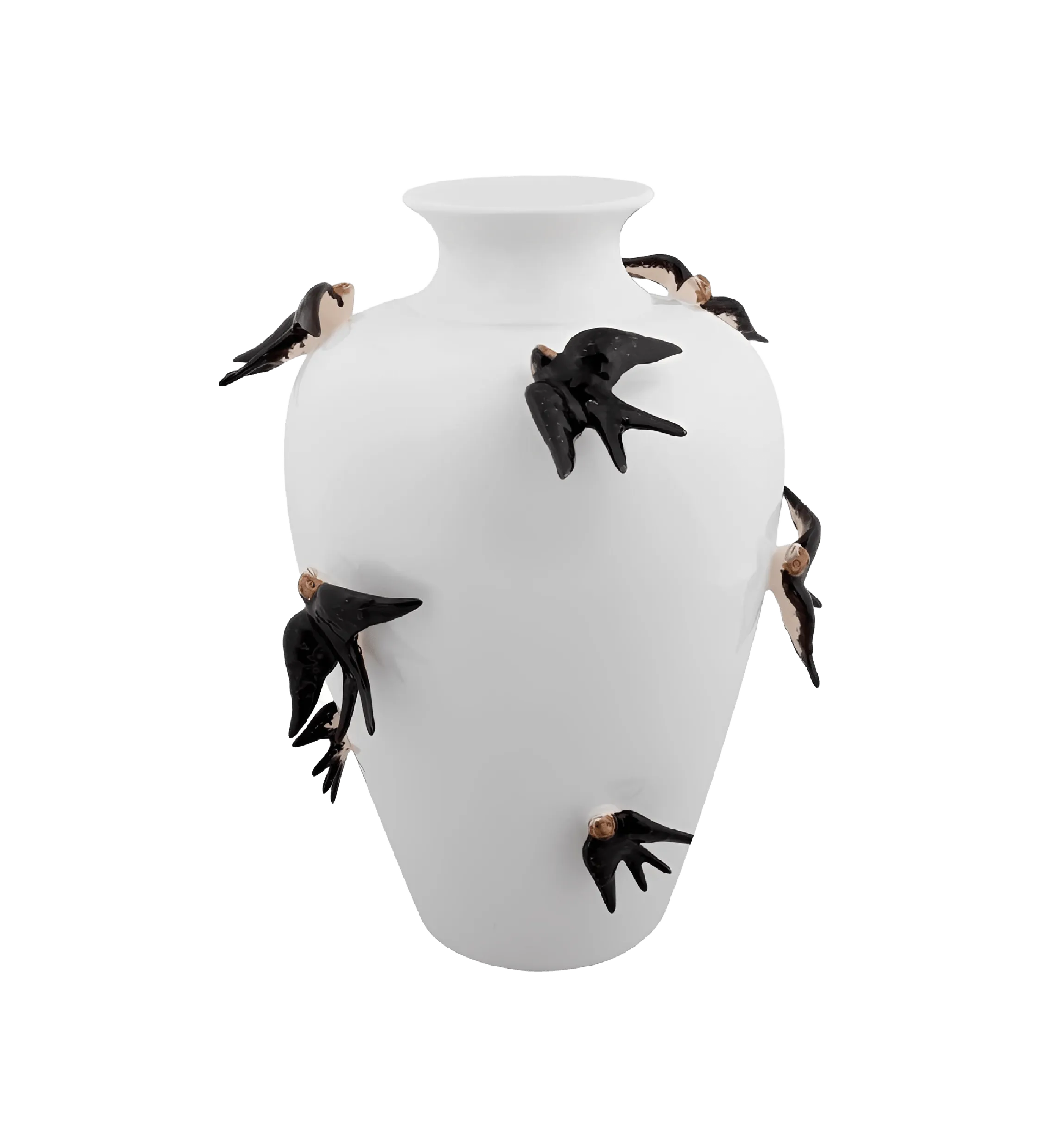 White Ceramic Vase with Sculpted Swallow Accents