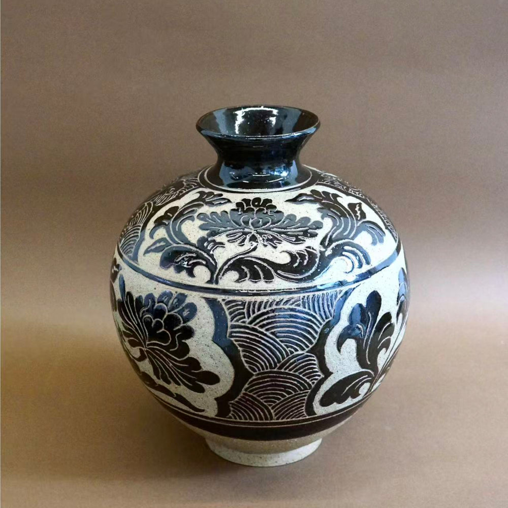 Black Peony | Hand-Carved Xixia Sgraffito Belly Jar
